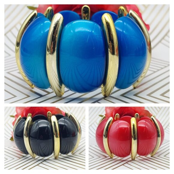 Lot of 3 Acrylic Statement Bracelets Stretch Wide Gold Tone Trim Blue Black Red - Picture 1 of 9